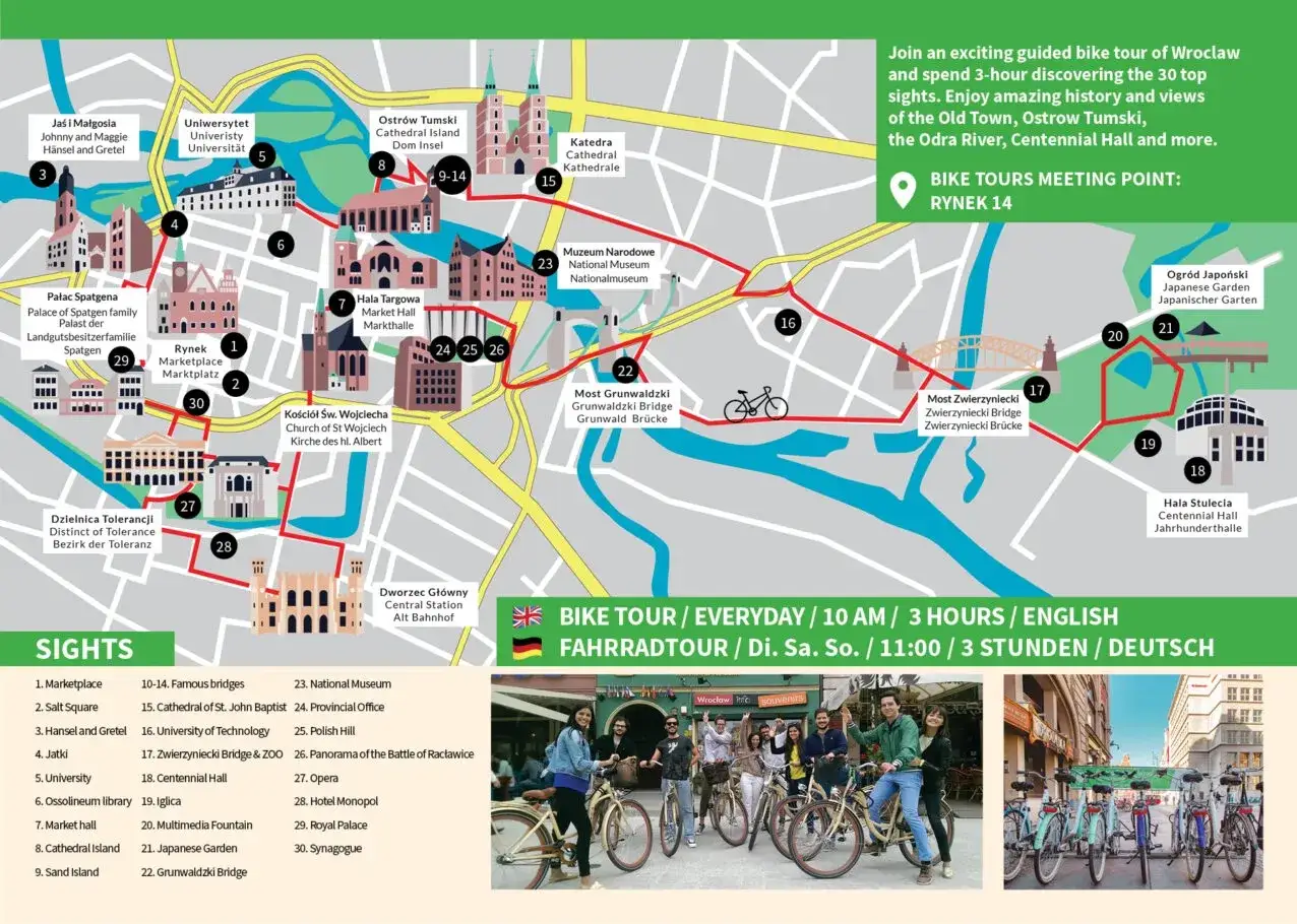 Mapa Wrocławia z zaznaczonymi trasami rowerowymi i atrakcjami, idealna do odkrywania wrocławskich zabytków.
