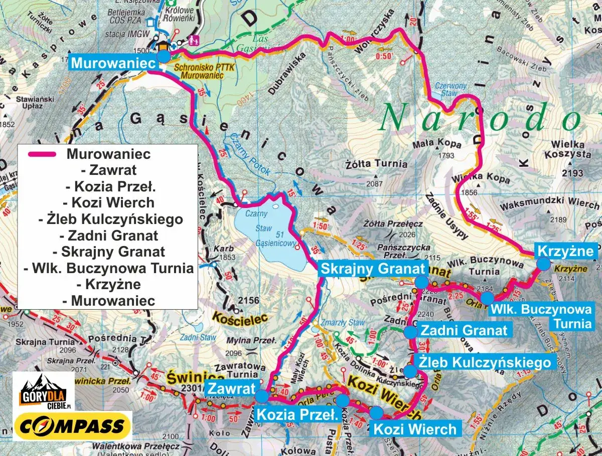 Mapa Tatr z zaznaczoną Orlą Percią, szlakiem o zmiennej wysokości, prowadzącym przez szczyty takie jak Zawrat, Kozi Wierch i Skrajny Granat.