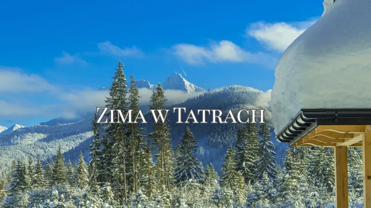 Zima w Tatrach w marcu. Śnieg pokrywa drzewa i góry, a niebo jest błękitne. Widok z zadaszenia drewnianej altany.