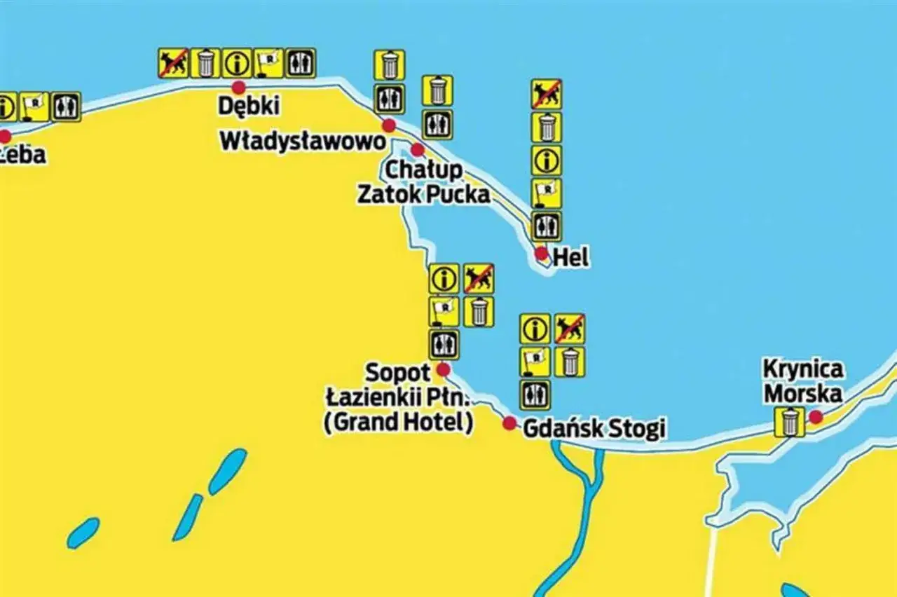 Mapa plaż nad Bałtykiem: Łeba, Dębki, Władysławowo, Hel, Sopot, Gdańsk Stogi, Krynica Morska. Znaki informują, gdzie najtaniej nad morzem, gdzie można z psem, a gdzie są toalety.