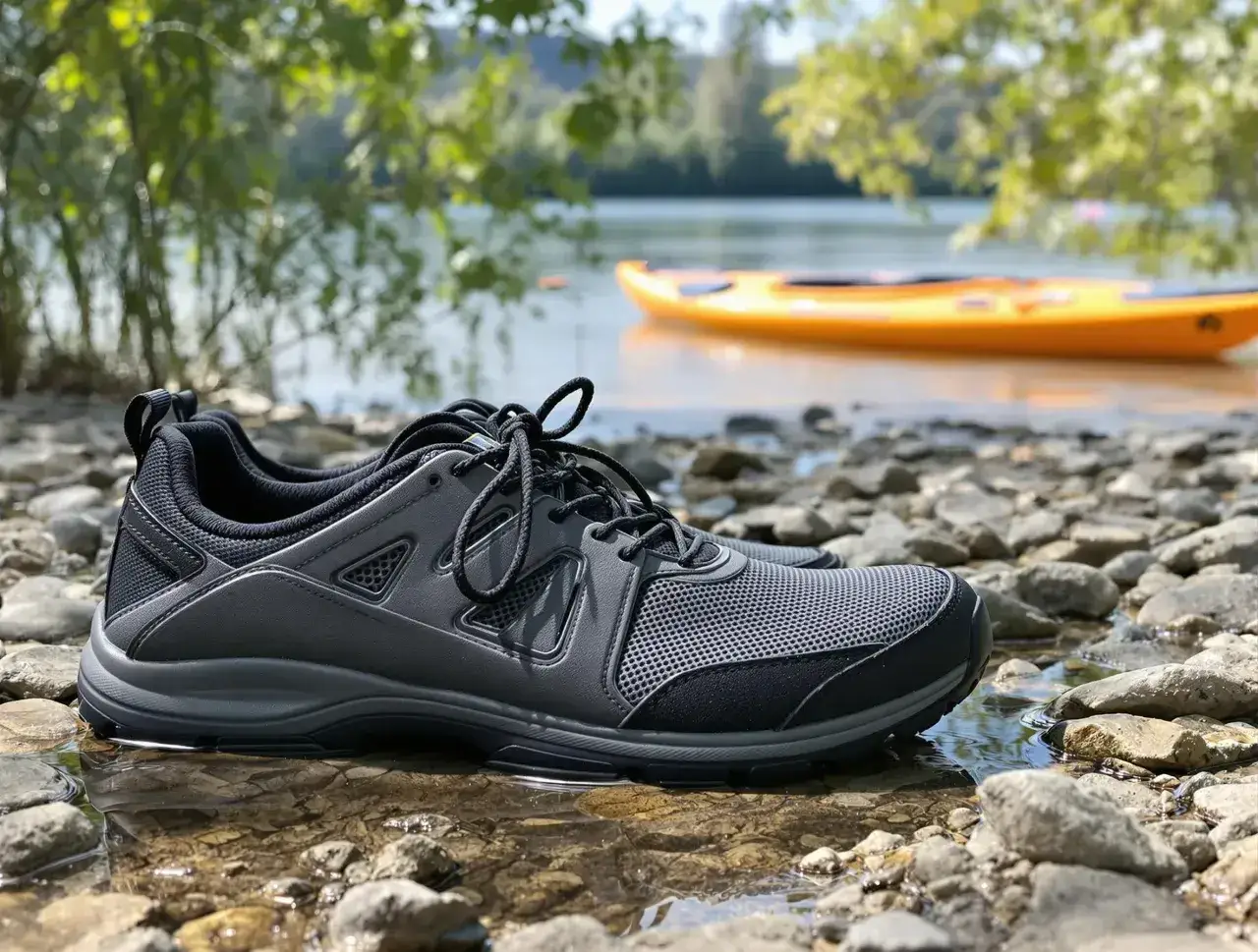 Szare buty sportowe na kamienistej plaży, idealne jako buty na kajaki. W tle pomarańczowy kajak na wodzie.