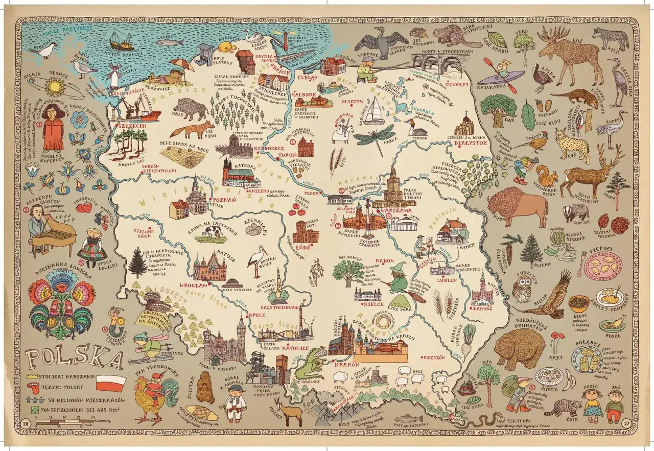 Mapa Polski z atrakcjami i zwierzętami, idealna do planowania podróży.