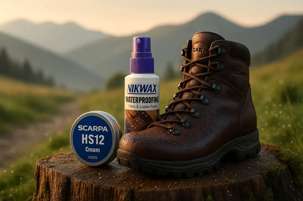Brązowe buty trekkingowe Scarpa, puszka kremu HS12 i spray Nikwax Waterproofing – idealne, by dowiedzieć się, czym impregnować buty na górskie wędrówki.