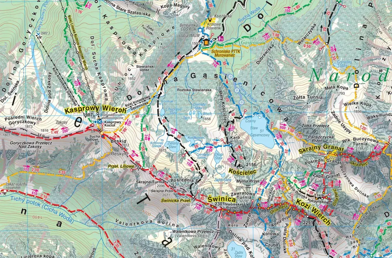 Mapa Tatr z zaznaczonymi szlakami i punktami orientacja w terenie. Widoczne Kasprowy Wierch, Giewont, Dolina Gąsienicowa.