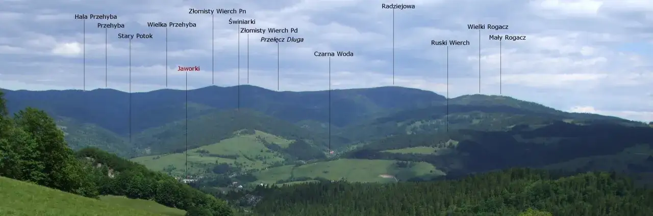Widok na Beskid Sądecki z zaznaczonymi szczytami: Jaworki, Przehyba, Radziejowa. Malownicze doliny i lasy.
