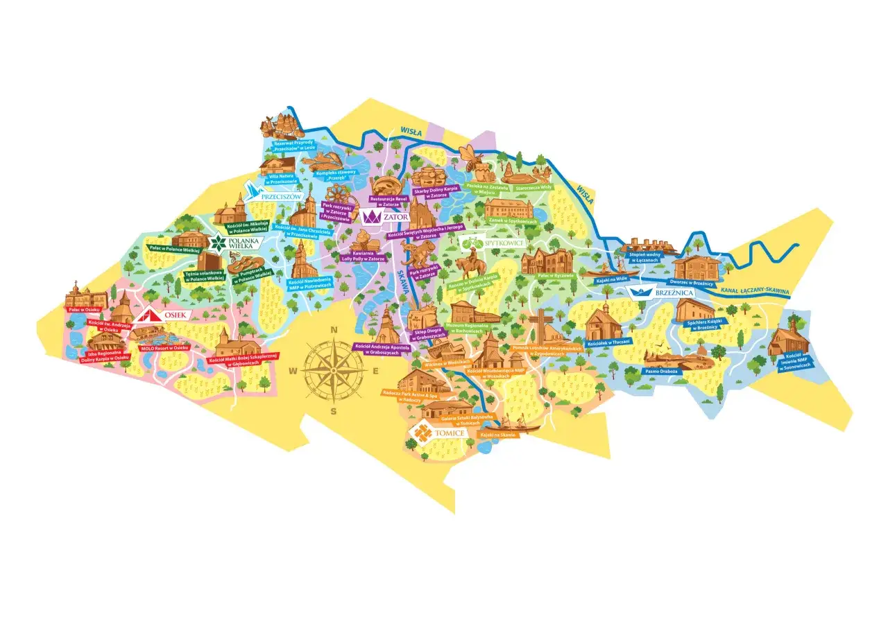 Mapa turystyczna prezentująca zator atrakcje: zamki, kościoły, parki rozrywki, muzea i szlaki wodne.