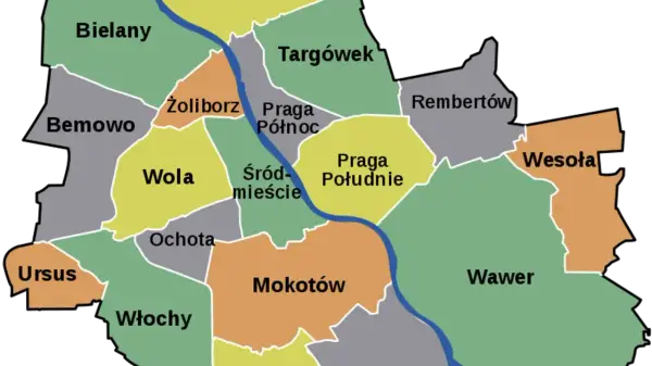 Mapa przedstawiająca podział na dzielnice Warszawy: Bielany, Bemowo, Wola, Żoliborz, Śródmieście, Ochota, Ursus, Włochy, Mokotów, Praga Północ, Praga Południe, Targówek, Rembertów, Wesoła, Wawer.
